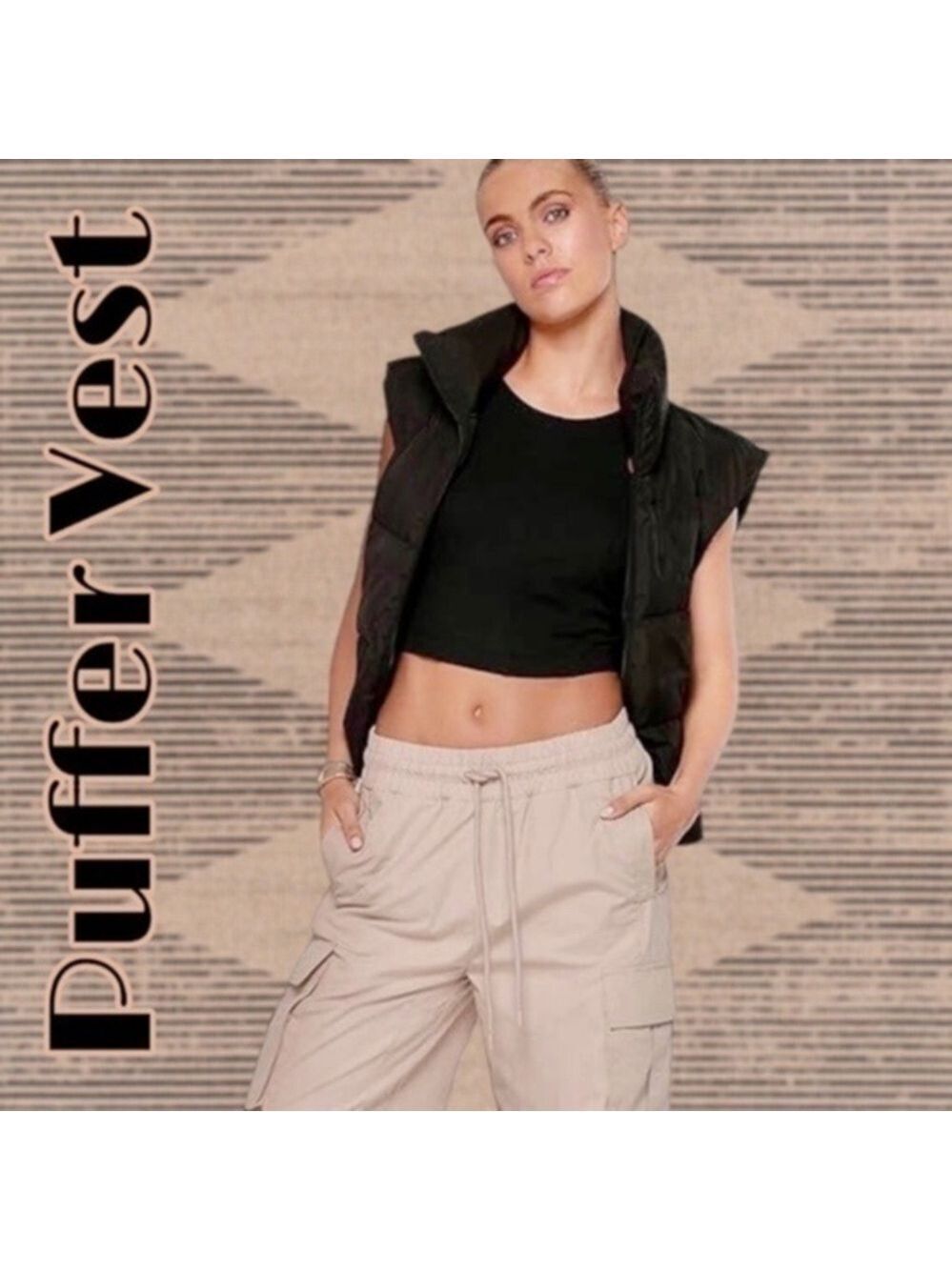 Lightweight Cropped Sleeveless Puffer Vest in Black/Md-NWT